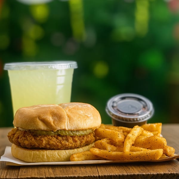 C4Eats vegan fried chicken sandwich with pickles, seasoned fries, lemonade, and dipping sauce.