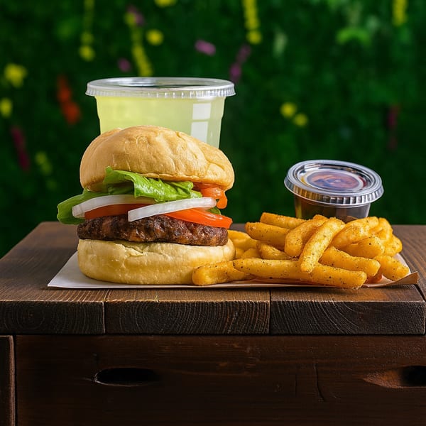 C4Eats vegan burger with lettuce, tomato, onion, fries, lemonade, and dipping sauce on a wooden table.