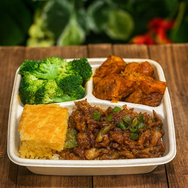 A vegan meal from C4Eats with broccoli, sweet potatoes, and a savory plant-based dish with cornbread.
