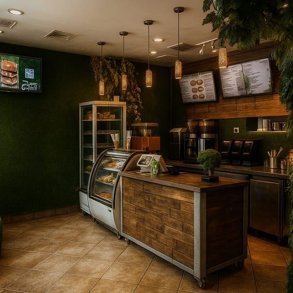 C4Eats vegan restaurant interior with a wooden counter, display cases, and menu boards.