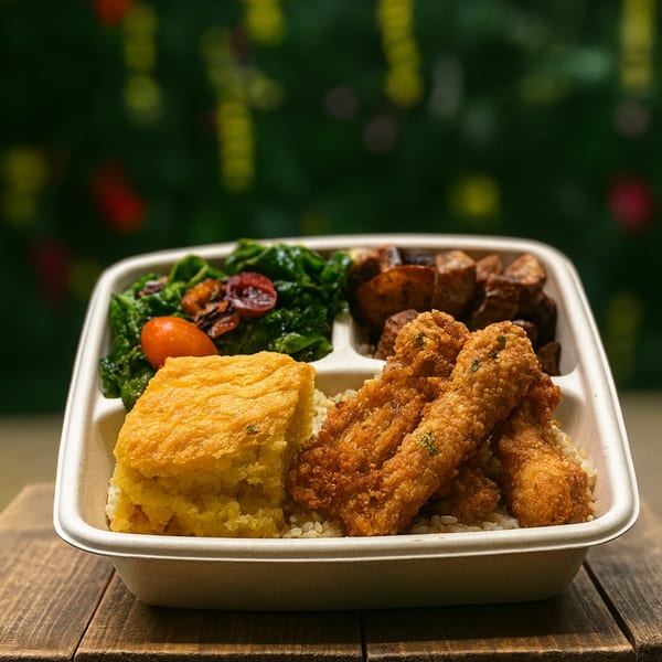 C4Eats vegan meal with fried plant-based chicken, cornbread, collard greens, and roasted potatoes.