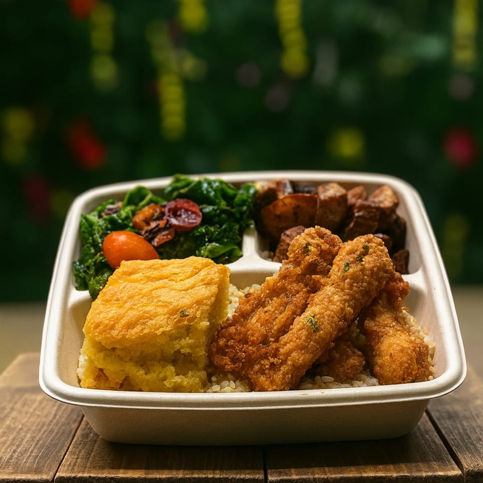 C4Eats vegan meal with fried plant-based chicken, cornbread, collard greens, and roasted potatoes.